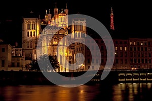 Cathedral St Jean Baptiste and Basilica Notre Dame in Lyon at night, France