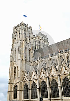 Cathedral of St Michael and St Gudula in Brussels Belgium with flags