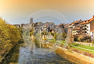 Cathedral of St. Nicholas and Sarine river in Fribourg, Switzerland