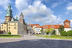 Cathedral of St. Stanislaw and St. Vaclav and royal castle on the Wawel Hill at sunset, Krakow, Poland