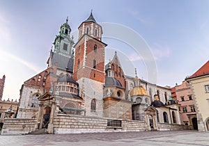 Cathedral of St. Stanislaw and St. Vaclav and royal castle on the Wawel Hill at sunset, Krakow, Poland