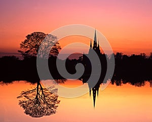Cathedral at sunset, Lichfield, England.