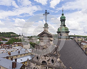 Cathedral Top in Lviv city center aerial view at Summertime midday, Western Ukraine