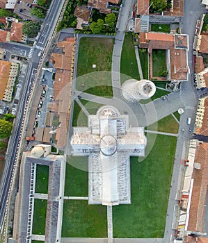 Cathedral and Tower of Pisa. Aerial panoramic overhead view on a