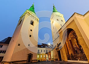 Cathedral of Trinity in Zilina, in the evening.