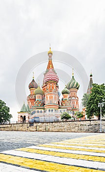 The Cathedral of Vasily the Blessed and the crosswalk markings in the foreground in Moscow, Russia