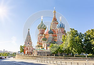 Cathedral of Vasily the Blessed Saint Basil`s Cathedral on Red Square at sunrise, Moscow, Russia