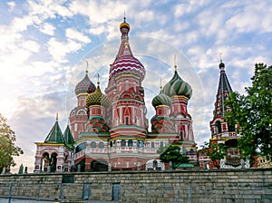 Cathedral of Vasily the Blessed Saint Basil`s Cathedral on Red Square at sunset, Moscow, Russia