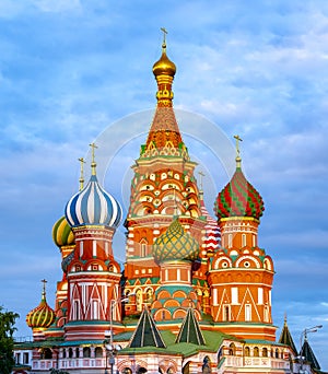 Cathedral of Vasily the Blessed Saint Basil`s Cathedral on Red Square at sunset, Moscow, Russia