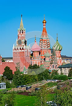 Cathedral of Vasily the Blessed Saint Basil`s Cathedral and Spasskaya Tower on Red Square in Moscow, Russia