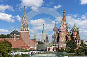 Cathedral of Vasily the Blessed Saint Basil`s Cathedral and Spasskaya Tower on Red Square in Moscow, Russia