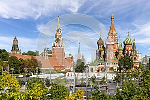 Cathedral of Vasily the Blessed Saint Basil`s Cathedral and Spasskaya Tower on Red Square in Moscow, Russia