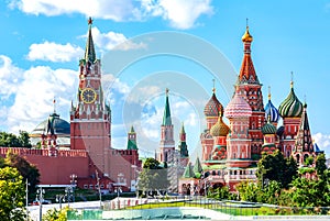 Cathedral of Vasily the Blessed Saint Basil`s Cathedral and Spasskaya Tower on Red Square, Moscow, Russia