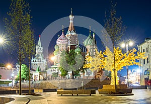 Cathedral of Vasily the Blessed Saint Basil`s Cathedral and Spasskaya Tower on Red Square at night, Moscow, Russia