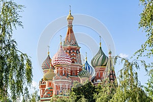 Cathedral of Vasily the Blessed Saint Basil`s Cathedral domes on Red Square, Moscow, Russia