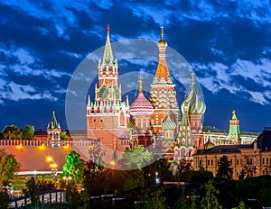 Cathedral of Vasily the Blessed and Spasskaya Tower of Moscow Kremlin on Red Square