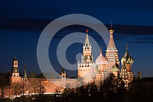 The Cathedral of Vasily the Blessed and Spasskaya tower at night. Moscow, Russia