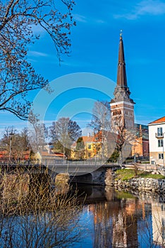 Cathedral in Vasteras viewed behind river Svartan, Sweden