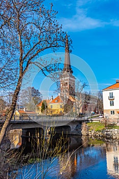 Cathedral in Vasteras viewed behind river Svartan, Sweden