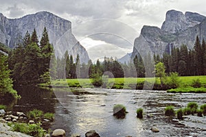Meadow View over the Merced River to El Capitan and Bridalveil Falls Yosemite National Park photo