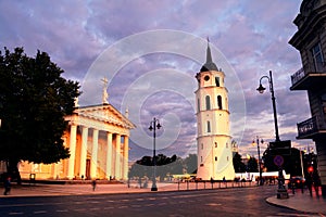 Cathedral of Vilnius, Lithuania and Bell Tower at night