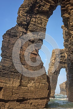 Cathedrals beach, Playa de las Catedrales, amazing landscape with rocks on the Atlantic coast, Spain. Outdoor travel background