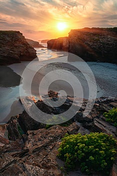 Cathedrals beach, Playa de las Catedrales, amazing landscape with rocks on the Atlantic coast, Spain. Outdoor travel background