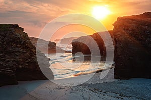 Cathedrals beach, Playa de las Catedrales, amazing landscape with rocks on the Atlantic coast, Spain. Outdoor travel background photo