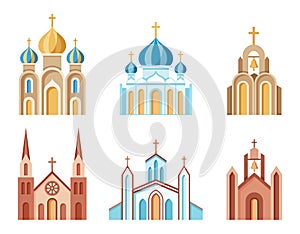 Cathedrals and churches set of colorful icons. Religious architectural buildings. photo