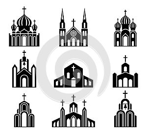 Cathedrals, temples and churches set icons. Religious architectural buildings. photo
