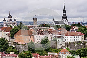 The cathedrals of Toompea and Aleksander Nevski seen from the top of the St. Olav`s Church bell tower, Tallinn, Estonia