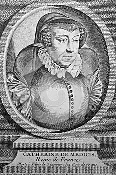 Catherine de` Medici was an Italian noblewoman. She also was queen consort of France in the old book the The Portrait gallery, by