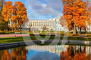 Catherine palace and park in autumn foliage, Tsarskoe Selo Pushkin, Saint Petersburg, Russia