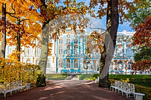 Catherine palace and park in autumn foliage, Tsarskoe Selo Pushkin, Saint Petersburg, Russia