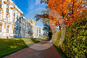 Catherine palace and park in autumn foliage, Tsarskoe Selo Pushkin, Saint Petersburg, Russia