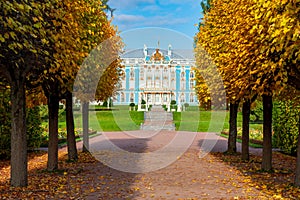 Catherine palace and park in autumn foliage, Tsarskoe Selo Pushkin, Saint Petersburg, Russia