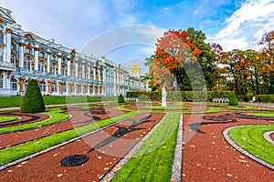 Catherine palace and park in autumn foliage, Tsarskoe Selo Pushkin, St. Petersburg, Russia