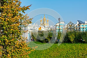 Catherine palace Resurrection church dome in autumn, Tsarskoe Selo Pushkin, St. Petersburg, Russia