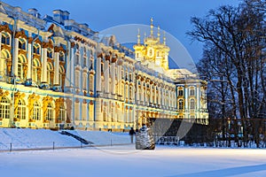 Catherine palace in Tsarskoe Selo at night in winter. Pushkin. Saint Petersburg. Russia