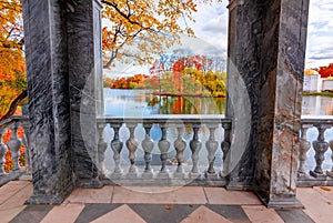 Catherine park in autumn seen from Marble bridge, Tsarskoe Selo Pushkin, Saint Petersburg, Russia