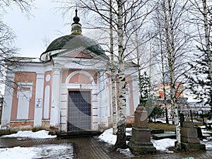 Catherine`s Church 1830 in the Spaso-Prilutsky monastery in Vologda in winter in cloudy weather. Russia