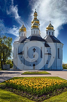 Catherine`s Church. Chernihiv city. Ukraine. View of the city before the bombing of the Russian army