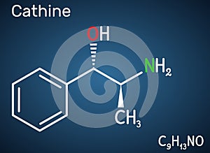 Cathine, norpseudoephedrine, C9H13NO molecule. It is alkaloid, psychoactive drug with stimulant properties.  it is found naturally