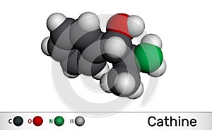 Cathine, norpseudoephedrine, C9H13NO molecule. It is alkaloid, psychoactive drug with stimulant properties.  it is found naturally