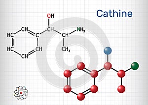 Cathine, norpseudoephedrine, C9H13NO molecule. It is alkaloid, psychoactive drug with stimulant properties.  it is found naturally