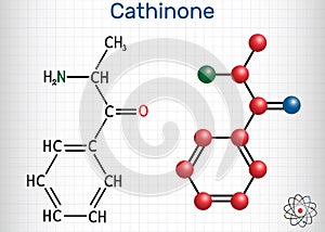 Cathinone, benzoylethanamine, beta-keto-amphetamine, C9H11NO molecule. It is monoamine alkaloid found in the shrub Catha edulis