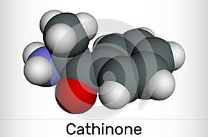 Cathinone, benzoylethanamine, beta-keto-amphetamine, C9H11NO molecule. It is monoamine alkaloid found in the shrub Catha edulis