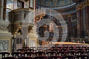 Catholic Cathedral interior with paintings and statues, Budapest.