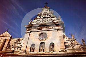 Catholic cathedral of st. Andrew against blue sky in Lviv, Ukraine. Religious monument