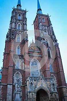 The Catholic Cathedral of St. John the Baptist in WrocÅ‚aw, Poland. Gothic church with Neo-Gothic additions